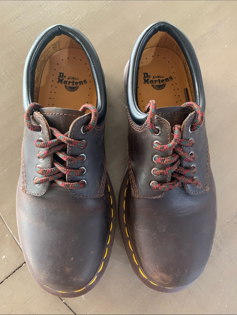 Dr. Martens Brown Leather 3-Eye Derby Shoes with Yellow Welt Stitching